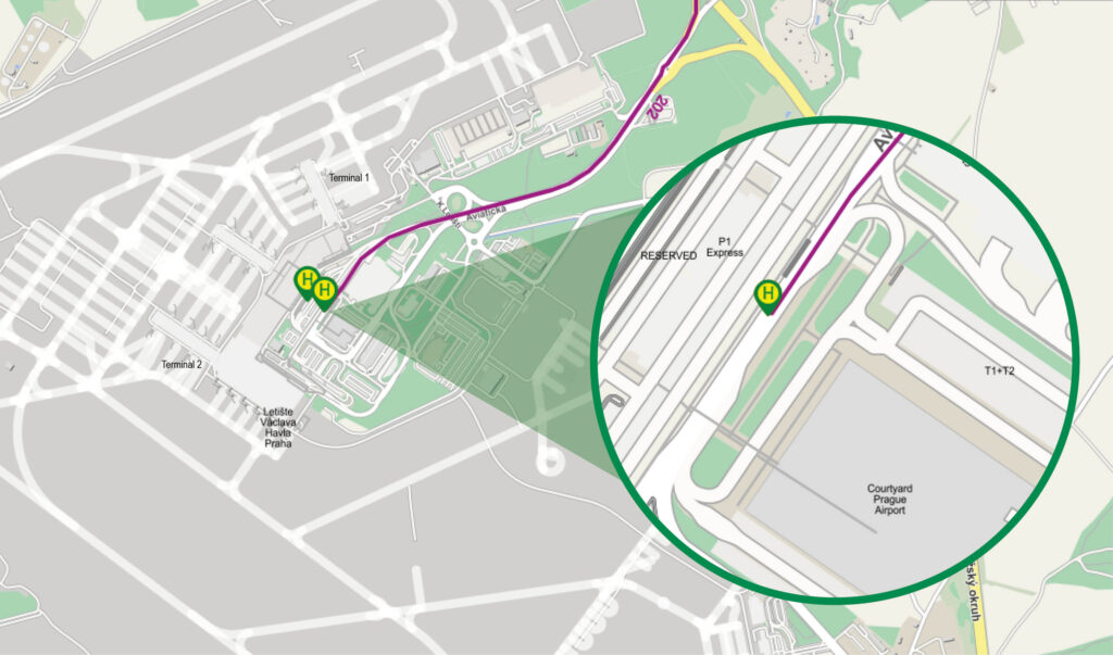Lageplan der Haltestelle PragBus am Václav-Havel-Flughafen Prag