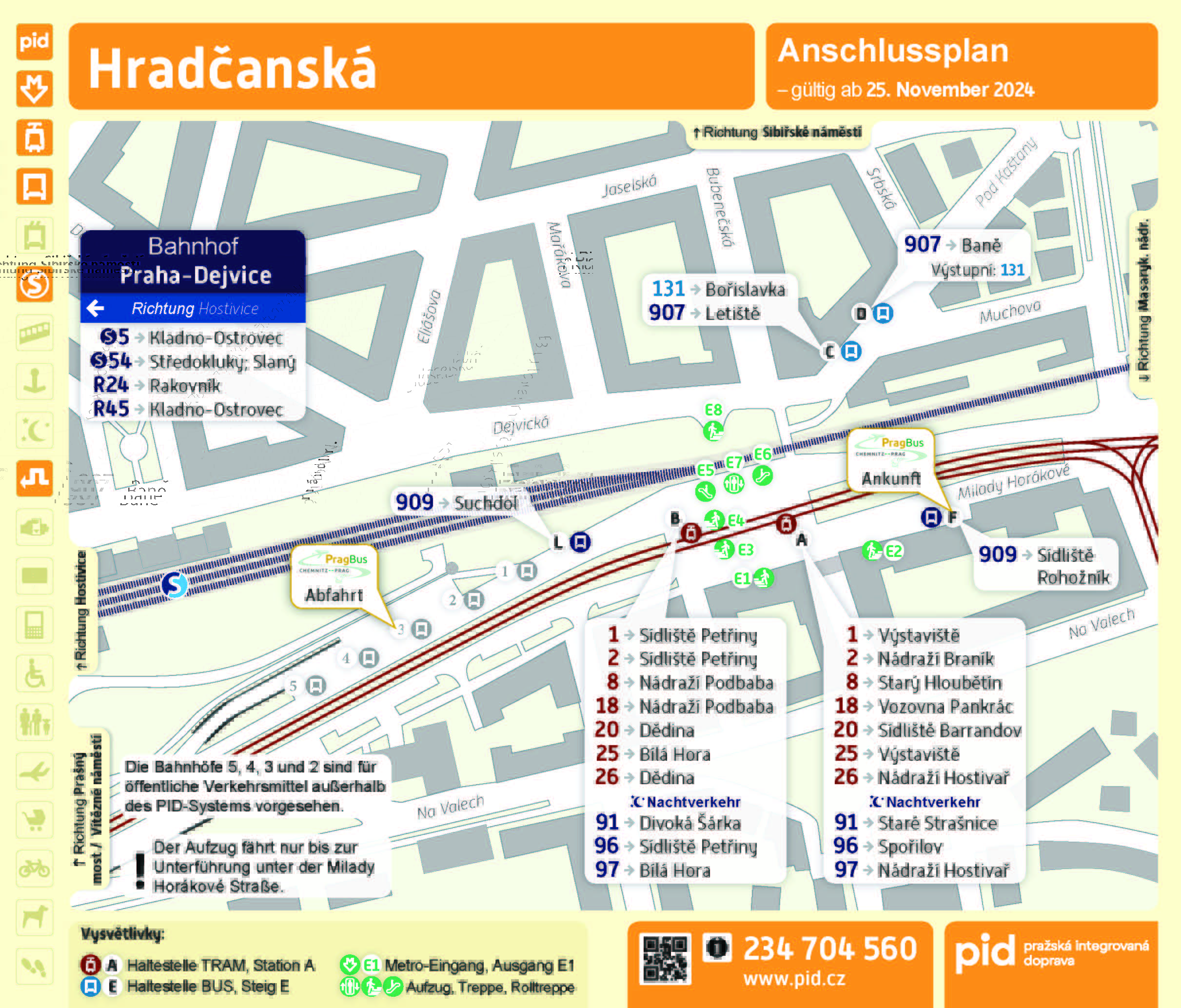 Schematischer Lageplan der Haltestelle an der Metrostation Hradčanská