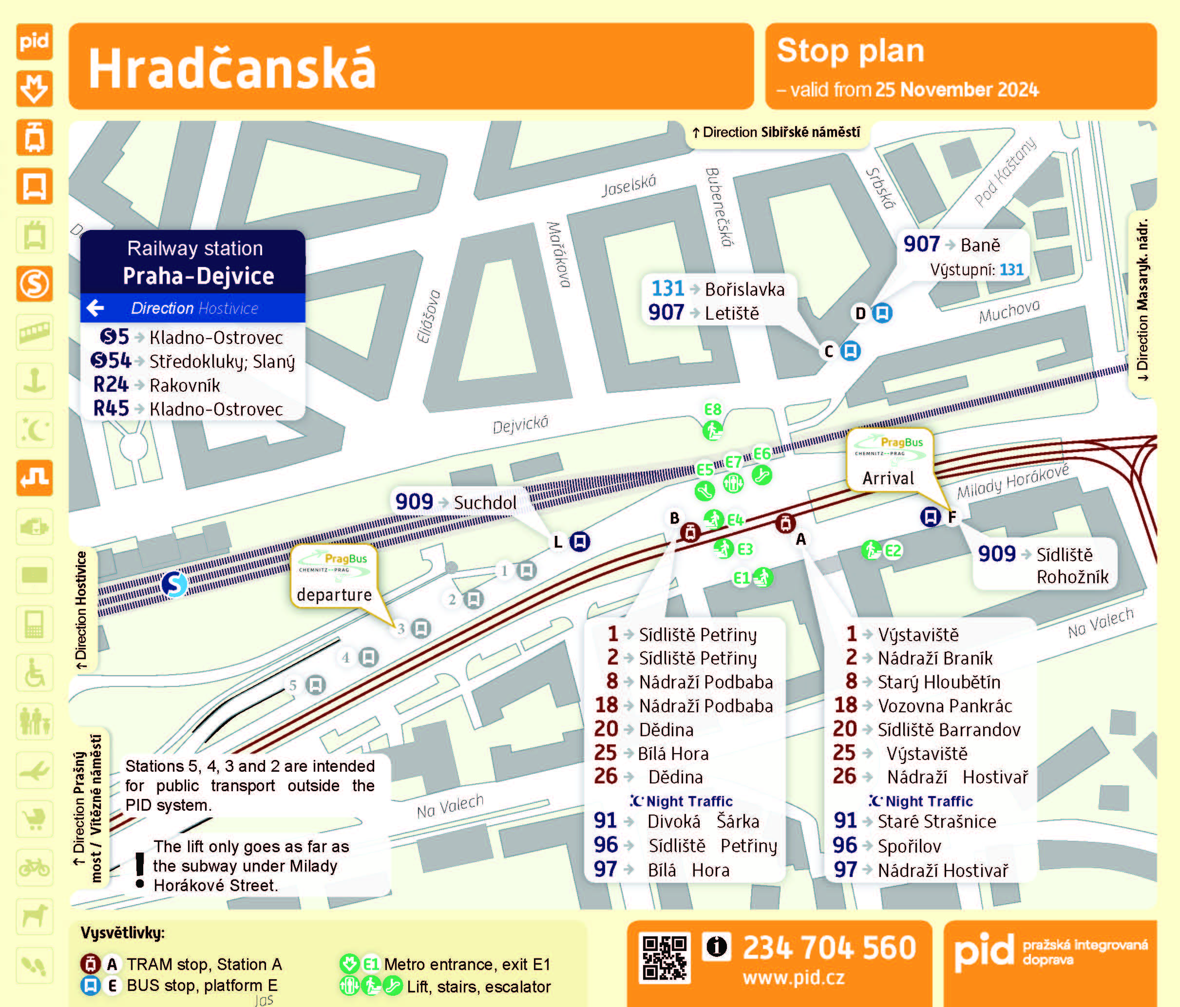 Schematischer Lageplan der Haltestelle an der Metrostation Hradčanská